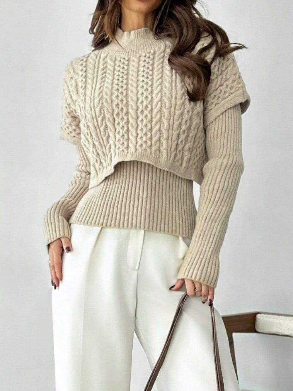 Khaki Elegant Casual Women's Long Sleeve Crew Neck Sweater 2-in-1 - Picture 6 of 7